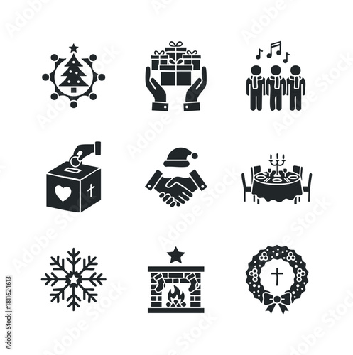 Christmas and winter holiday season icons depicting celebration, giving, gathering, and traditions, perfect for seasonal greetings, event invitations, and community outreach materials.