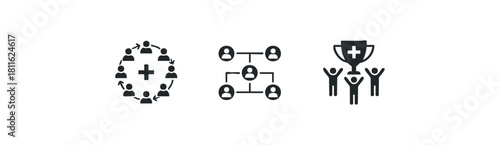 Business management and team development graphic set for showing organizational structure employee collaboration and successful goal achievement