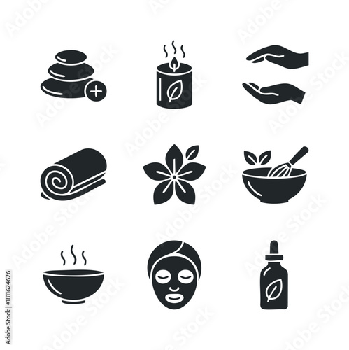 A versatile collection of solid glyph icons depicting various spa treatments, holistic wellness activities, and natural beauty essentials, suitable for health and relaxation themed graphic