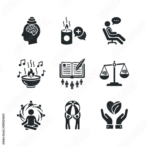 A comprehensive set of modern wellbeing icons depicting mental health mindfulness education community support and personal growth concepts for diverse applications