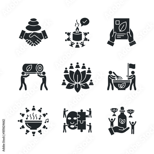 Black glyph icons representing holistic wellness, natural product development, community support, ecofriendly practices, and spiritual wellbeing, suitable for health, spa, and sustainable