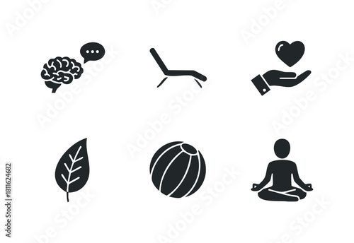 Diverse silhouette vector icons capturing essential concepts including thinking, relaxation, love, nature, beach fun, and mindful meditation, ideal for wellness, lifestyle, and educational