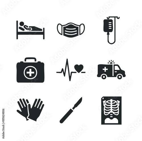 A comprehensive collection of essential healthcare and medical icons depicting patient care, emergency services, surgical tools, and diagnostic procedures for various professional and