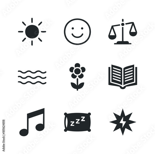 A collection of essential black vector icons including sun, happy face, balance scale, waves, flower, open book, music note, sleep pillow, and starburst lightning bolt for various web