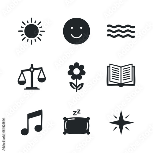 A diverse collection of basic icons representing universal concepts like sun, happiness, water, justice, nature, knowledge, music, sleep, and navigation, ideal for modern graphic