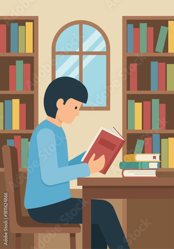 Illustration of a person reading a book in a library, symbolizing the pursuit of knowledge for a successful digital business model