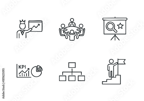 Essential business management icons depicting leadership, team collaboration, strategic planning, performance measurement, organizational structure, and career advancement for corporate