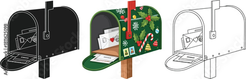 Set of three mailbox illustrations in black silhouette, color and outline style for holiday mail