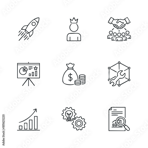 Business success line icons for corporate strategy including a startup rocket, leadership crown, teamwork handshake, financial profit, data analysis, problem solving, innovation, and