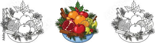 Set of three winter fruit arrangements in bowl, color and sketch versions