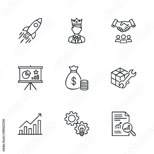 Business success and growth icons for corporate presentations marketing materials web graphics and educational content illustrating various aspects of strategy finance and achievement
