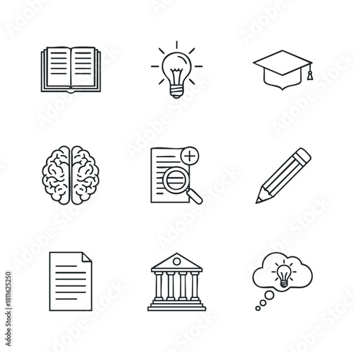 A versatile collection of outline icons illustrating education, knowledge, innovative thinking, and academic research, perfect for modern learning platforms, university presentations, and
