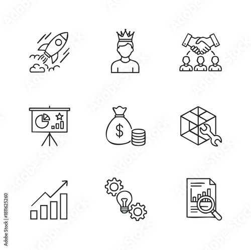 A comprehensive collection of modern line business icons representing startup launch, leadership, collaboration, financial growth, project development, data analysis, and innovative