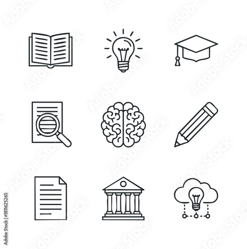 Outline icons of book, light bulb, graduation cap, research, brain, pencil, document, university, and cloud idea for education and intellectual development applications.