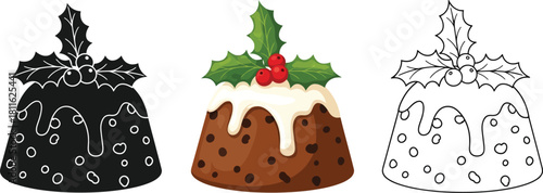 Set of three christmas pudding icons color, silhouette, and outline drawing