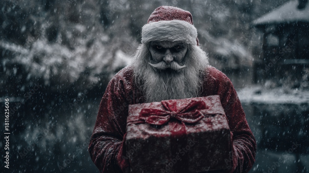 Fototapeta premium Evil santa character stands outdoors with a red Christmas gift. Scary Santa Claus concept for festive horror and dark holiday themes.