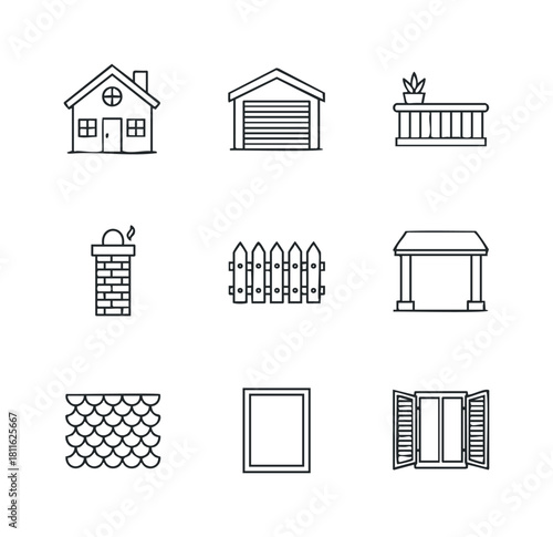 Comprehensive collection of residential architectural and property components including a house, garage, fence, and windows, ideal for real estate applications, home renovation projects, or