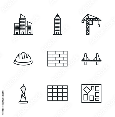 Simple line icons representing construction, architecture, and engineering projects like buildings, cranes, and bridges, suitable for digital interfaces and informational graphics
