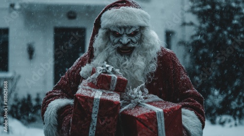 Ganger evil Santa with his Christmas gifts outdoor in snowy weather. Horror and scary Christmas holiday concept for creative design.