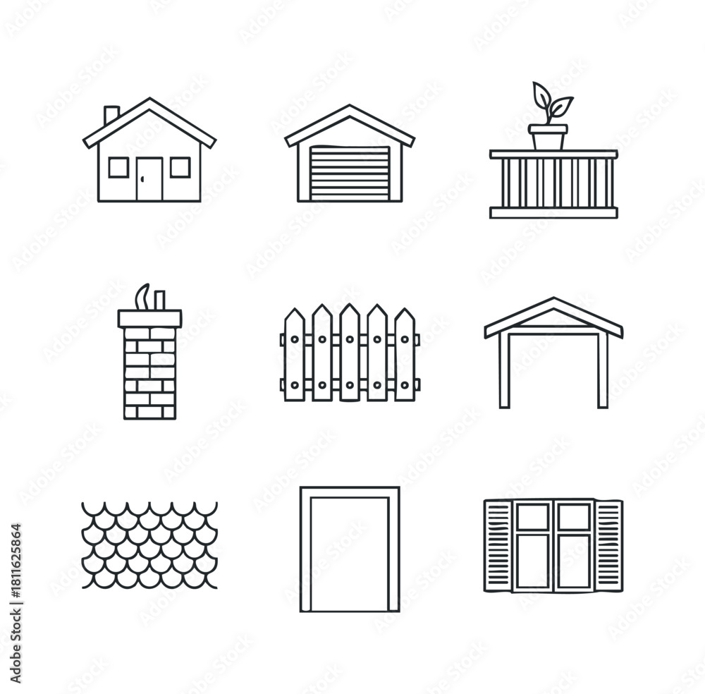 Fototapeta premium Outline icons of house components including home, garage, balcony, chimney, fence, carport, door, window, and roof shingles, perfect for real estate and building related projects.