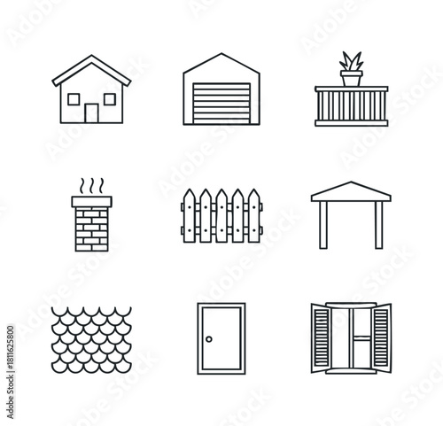 Set of simple outline icons featuring essential residential building components and home architectural elements perfect for real estate projects, property development, and construction