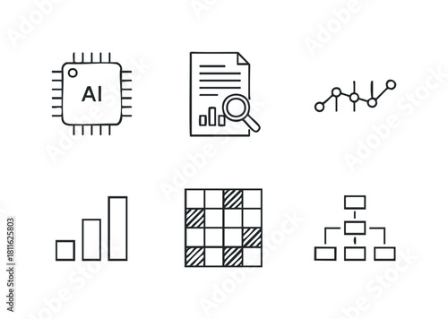 Modern data and technology vector line icons for business analysis, statistical insights, process visualization, and strategic communication in digital environments.