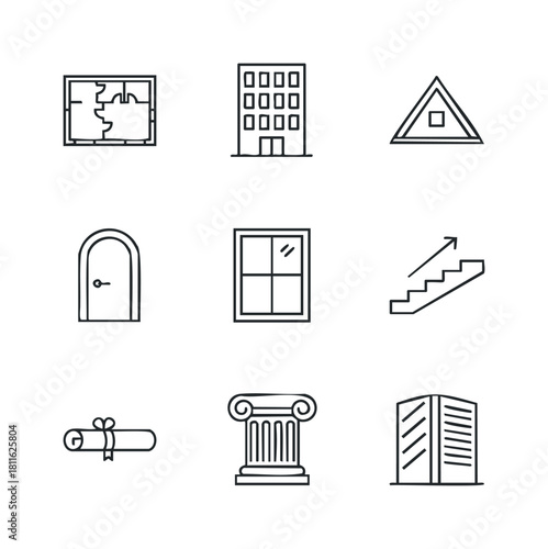 Collection of linear architectural and real estate icons featuring buildings, house plans, doors, windows, stairs, and a diploma, useful for web development and property advertisements.