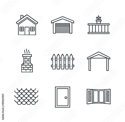 Collection of detailed line icons for various home and property structures including a house, garage, chimney, fence, and door, useful for real estate and architectural design projects