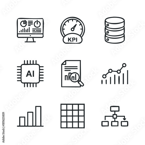 Essential data analysis and business technology line icons featuring dashboard, KPI, database, AI, report, and various graphs suitable for professional presentations and software