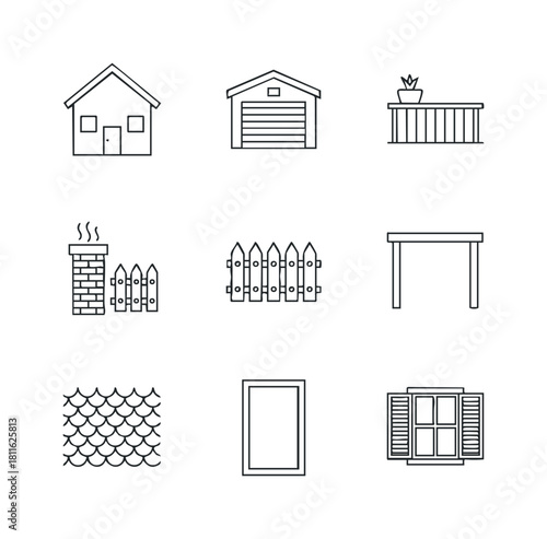 A collection of simple line icons representing various home and dwelling elements, suitable for use in web applications, infographics, and architectural project presentations
