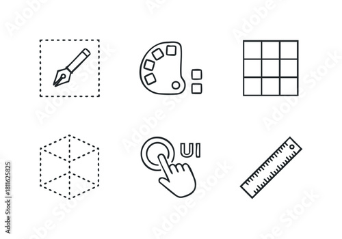 Essential graphic design and UI development icons depicting vector pen, color palette, grid, 3D cube, click hand cursor, and ruler useful for software and digital media projects