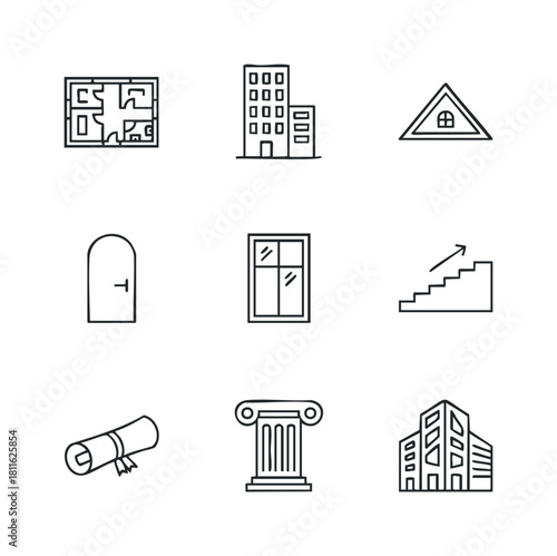 Comprehensive collection of architectural and academic outline icons for building construction, real estate development, property sales, and educational achievements applications.