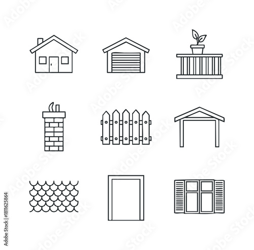 Outline icons of house components including home, garage, balcony, chimney, fence, carport, door, window, and roof shingles, perfect for real estate and building related projects.