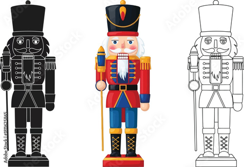 Set of three nutcracker soldier illustrations color, silhouette, and outline