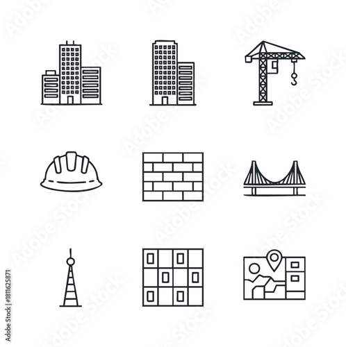 Collection of linear icons representing buildings, construction, infrastructure, and urban planning suitable for engineering industry presentations, mobile application interfaces, and