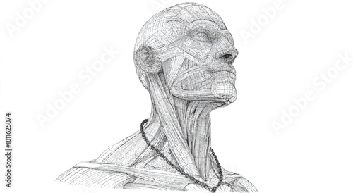 Detailed Anatomical Sketch of Human Head Neck and Shoulders with Jewelry