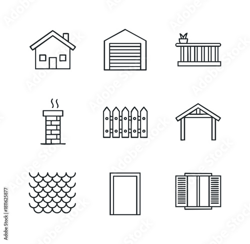 Collection of home exterior and architectural structure line icons including house, garage, fence, window, door, balcony, chimney, roof, and carport for residential property and building