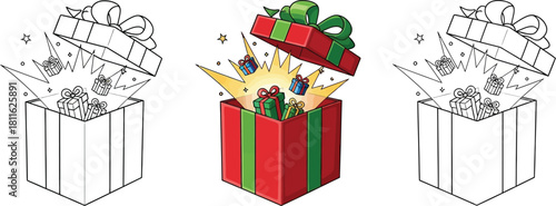Color and outline illustration of a festive gift box opening with surprise inside
