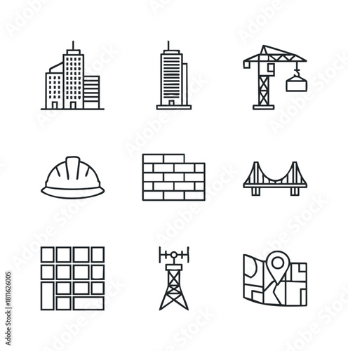 Line icons for construction and infrastructure, showcasing buildings, cranes, safety equipment, bridges, and maps, useful for engineering and urban development applications.