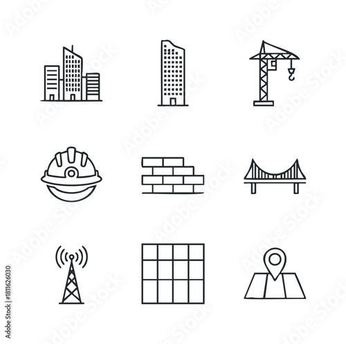 Simple line vector icons illustrating city development, architectural structures, construction sites, worker safety, bridges, communication networks, and planning for business and