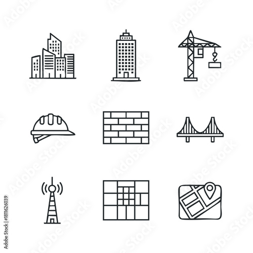 Modern linear symbols illustrating key components of civil engineering, urban planning, and development, ideal for informational graphics, educational materials, and technical documentation.