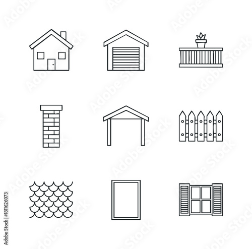Collection of essential outline icons representing common home building components and architectural elements perfect for residential construction guides, property management materials, and