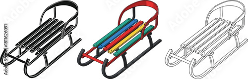 Set of three sled illustrations showing black, color, and outline versions