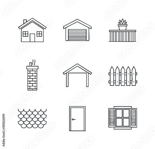 Set of essential home exterior architectural elements and building components including house, garage, window, and door for residential property construction and renovation projects