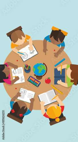 Children engaged in collaborative learning around a table, symbolizing a foundation for future digital business model development and innovation