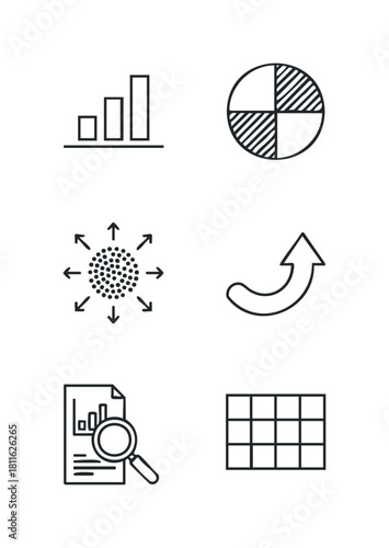 A collection of versatile business analytics icons including bar charts, pie charts, data distribution, growth arrows, document analysis, and data tables, useful for illustrating financial