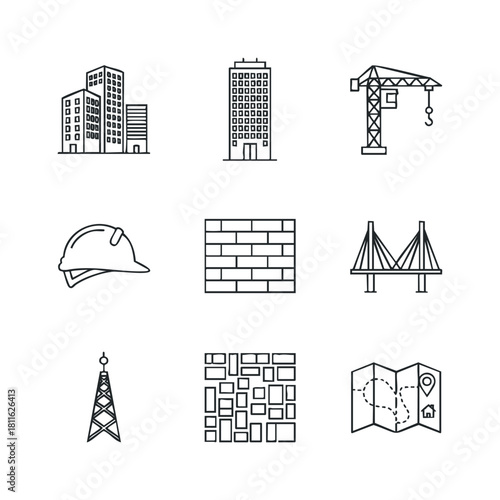 This comprehensive collection of line icons represents various aspects of construction, architectural engineering, urban development, and city planning for modern graphic projects and