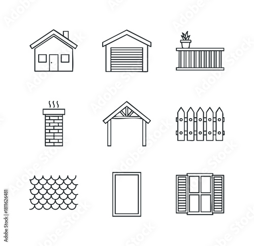 Collection of outline home improvement icons representing residential house features and construction elements for architectural projects and building maintenance applications