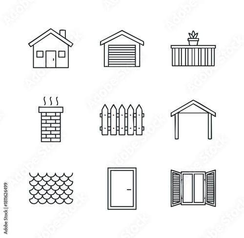 Collection of simple line icons representing architectural building elements and home features for real estate, construction, and property management applications