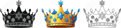 Set of three royal crowns in black silhouette, color illustration and outline drawing